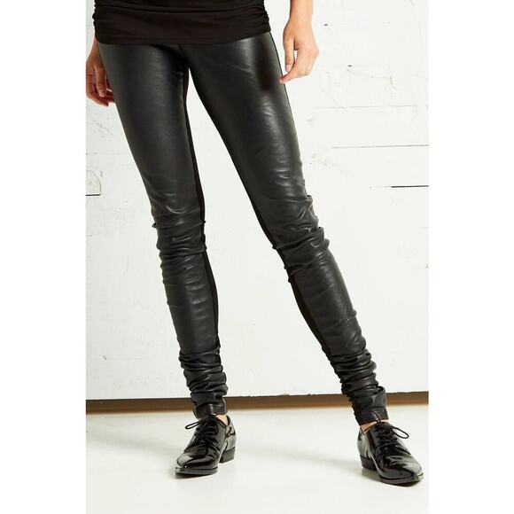 PLANET Lauren G Womens Vegan Leather Sexy Leggings Size 2 Black Ruch Leg Stretch - Picture 2 of 9